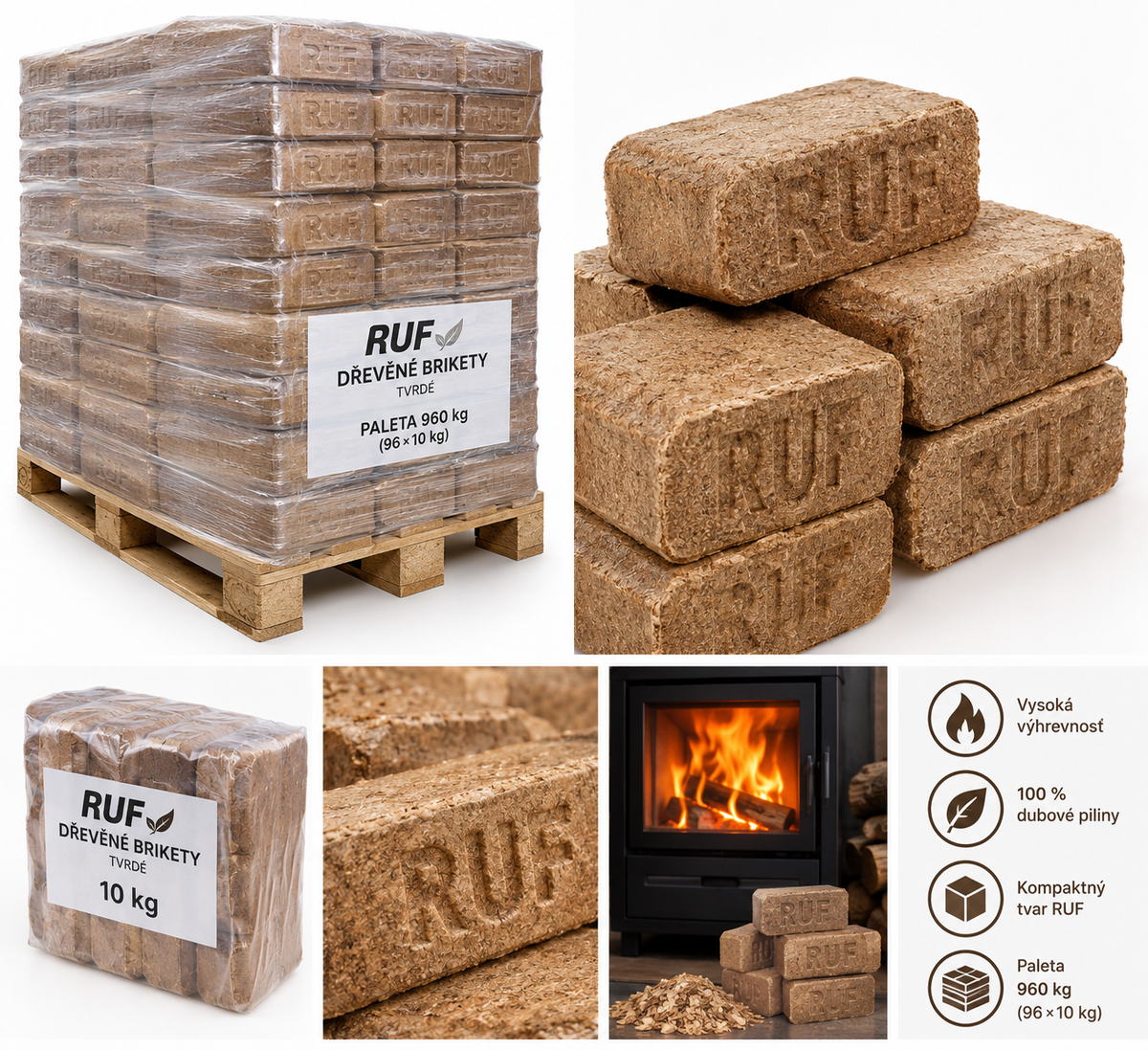Dřevěné brikety RUF tvrdé – fólie, paleta 960 kg (96 × 10 kg)